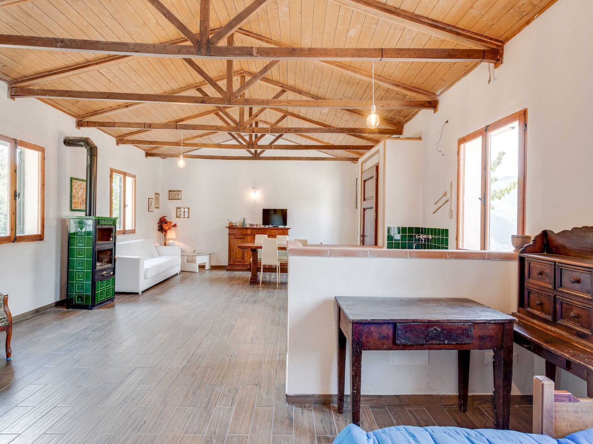 A spacious living area with a high wooden ceiling, a green fireplace, a white sofa, a wooden dining table, and a kitchen area with a TV.