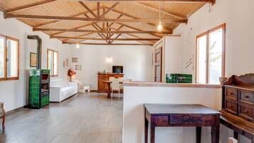 A spacious living area with a high wooden ceiling, a green fireplace, a white sofa, a wooden dining table, and a kitchen area with a TV.