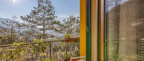 A balcony with potted plants, a chair, and a view of trees and mountains.