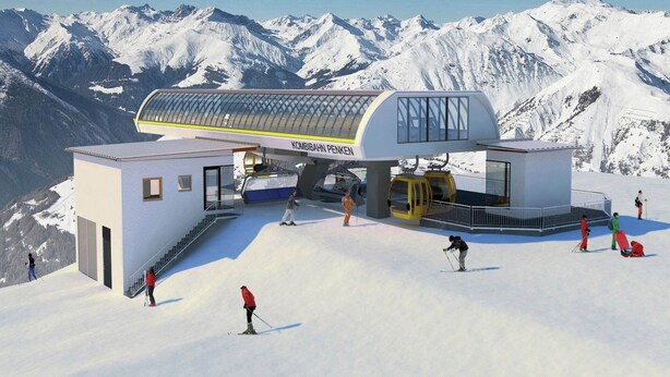 A modern ski resort with a gondola lift, a small building labeled 'KOMBIAHN PEIKEN', and skiers on the slopes.