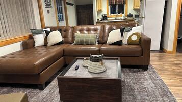 Smart TV, chimenea, libros y biblioteca musical