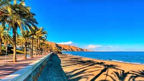 A beach with palm trees and a clear blue sky.
