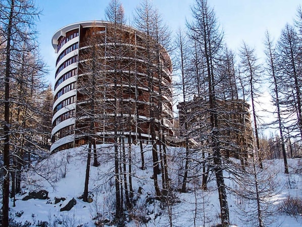 A multi-story building surrounded by snow-covered trees.