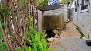A garden area with a wooden fence, ferns, and a variety of plants.