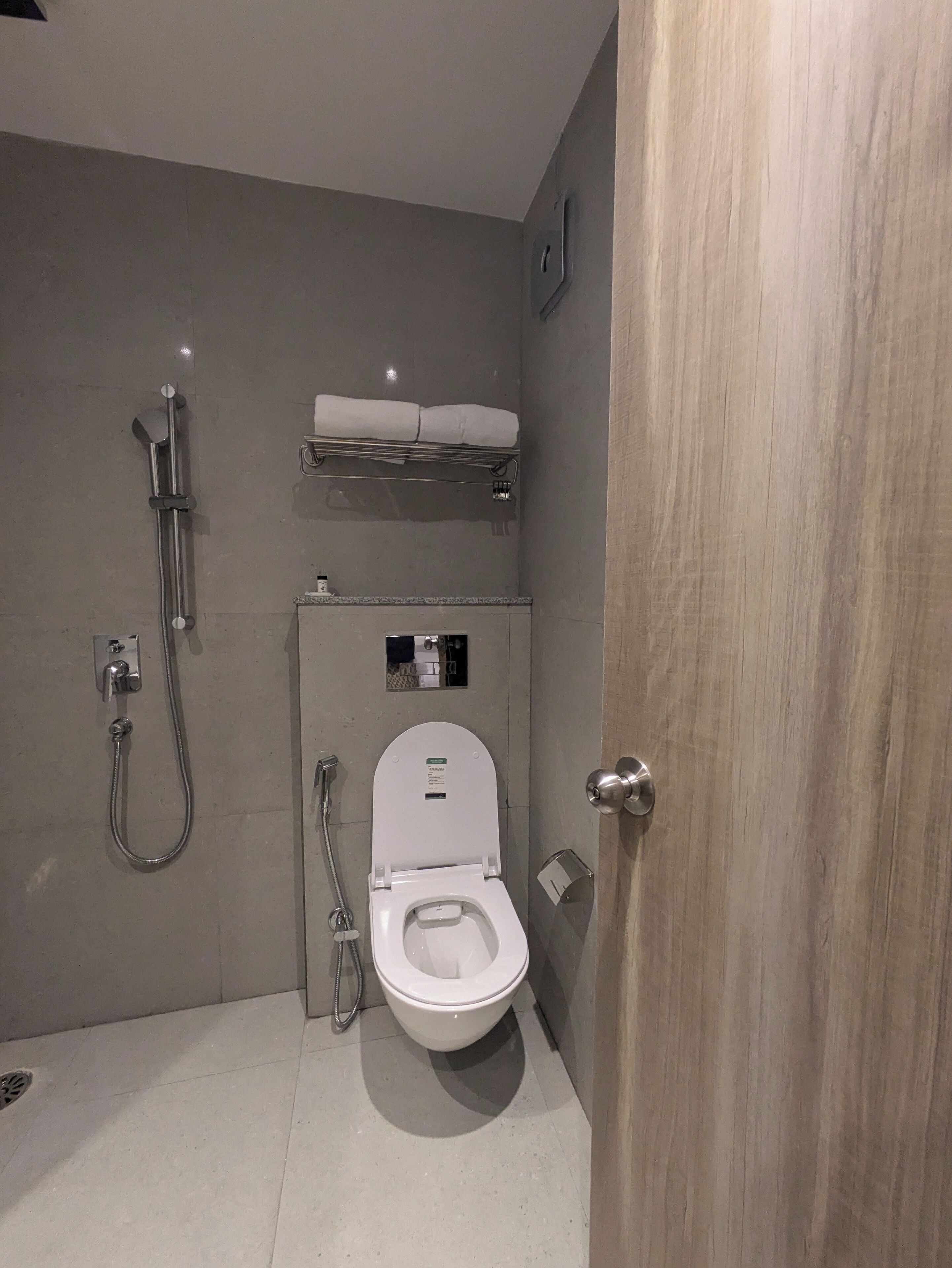 A modern bathroom with a toilet, shower, and a towel rack.
