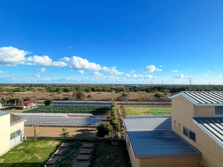 A residential area with a view of a green field and distant trees. There are houses with different roof styles and a clear sky.