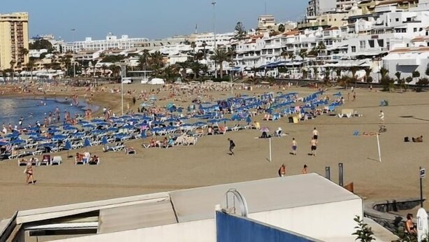 A beach with numerous blue umbrellas and sun loungers, a clear sky, and buildings in the background. - Los Cristianos, 3 Bedrooms & WiFi Free (LOS CRISTIANOS)