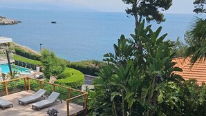 A swimming pool with a view of the sea, surrounded by lush greenery and a wooden deck with lounge chairs.