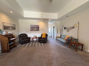 TV, fireplace, books