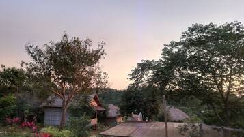 Un cadre extérieur rustique avec des huttes aux toits de chaume, une terrasse en bois et une végétation luxuriante.
