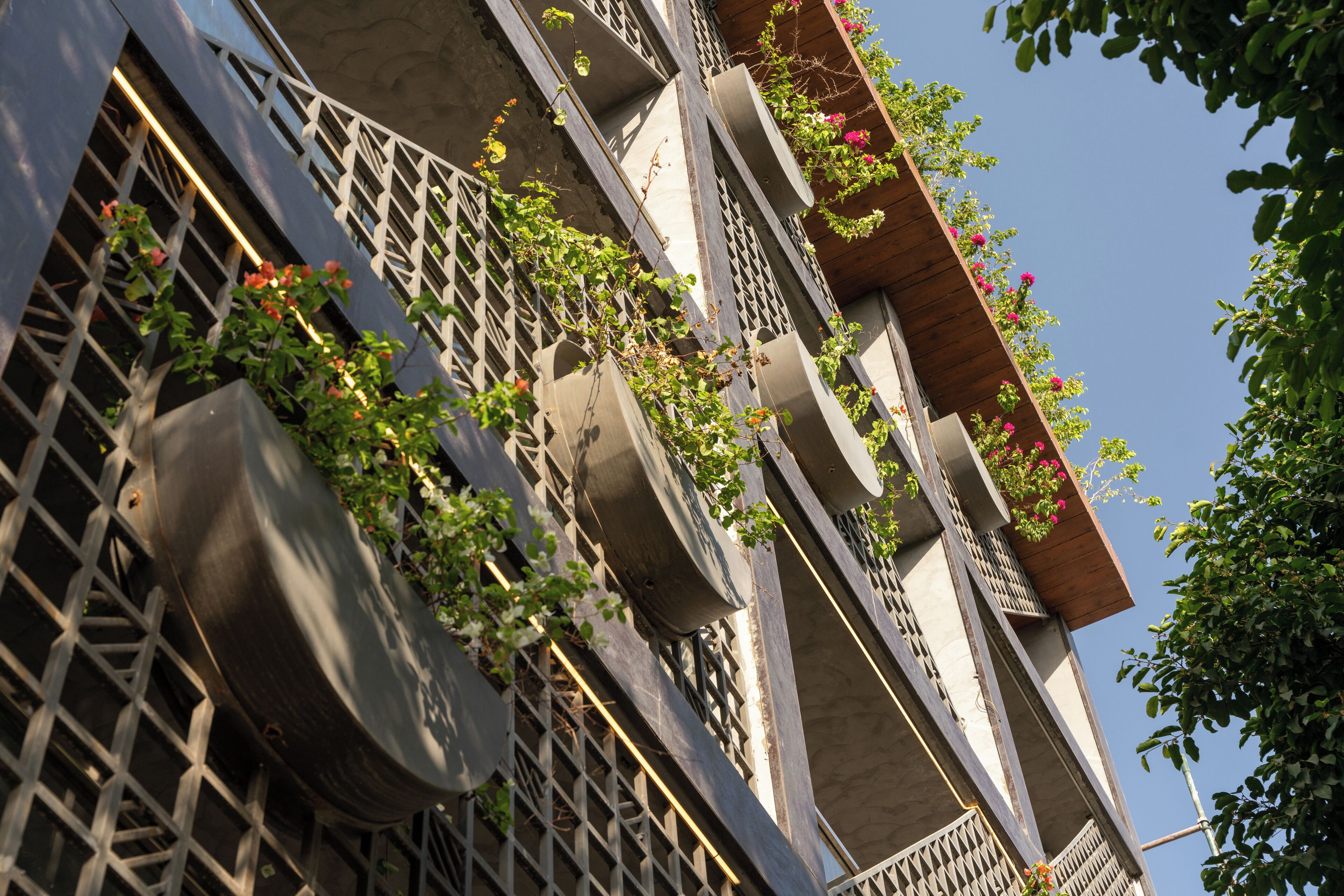 Un immeuble à plusieurs étages doté de balcons, dont certains sont ornés de plantes et de fleurs.