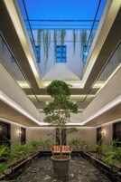 A modern atrium with a skylight, potted plants, and a central seating area.