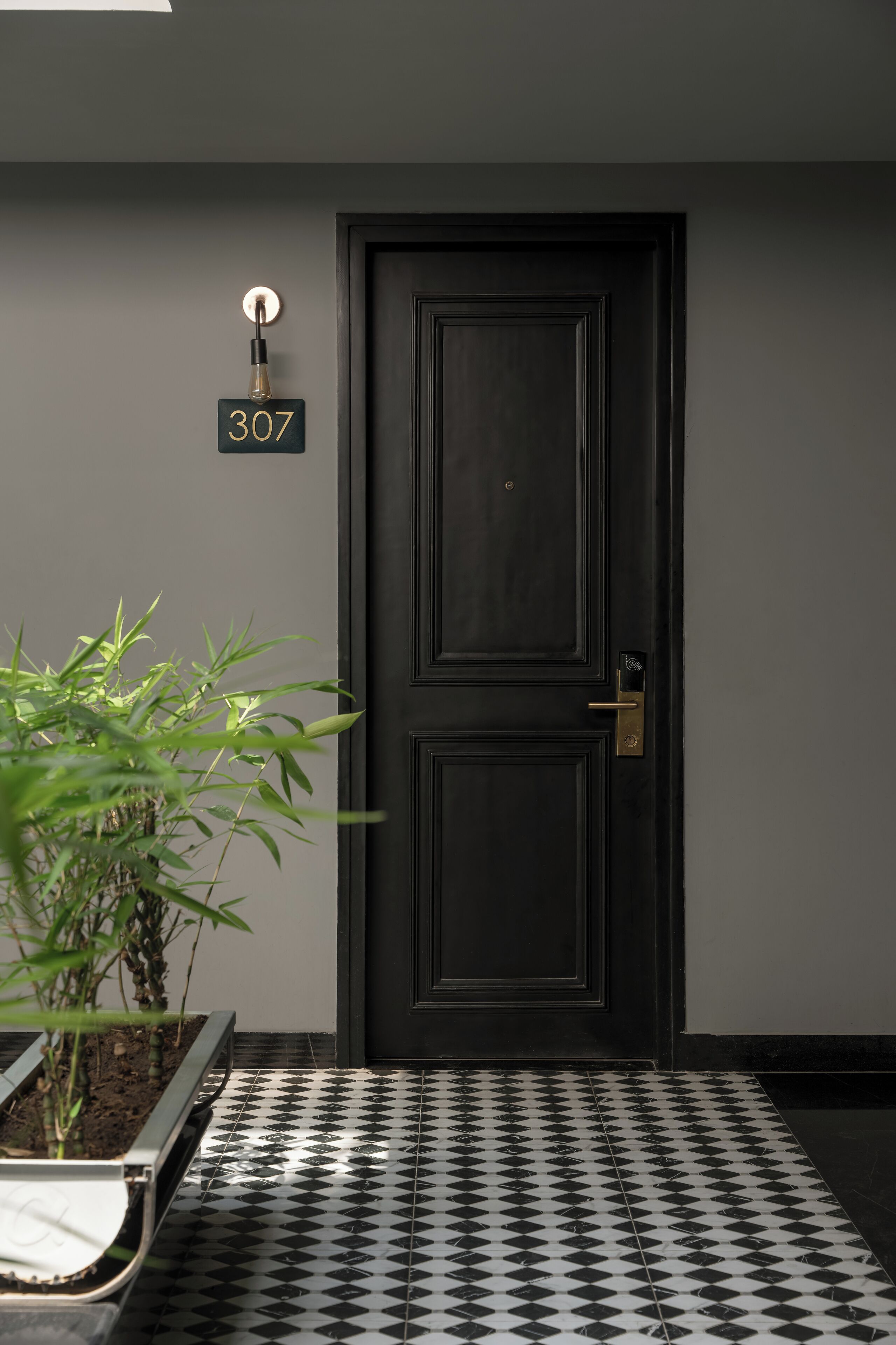 A black door with a number plate reading "307", a potted plant, and a black and white checkered floor.
