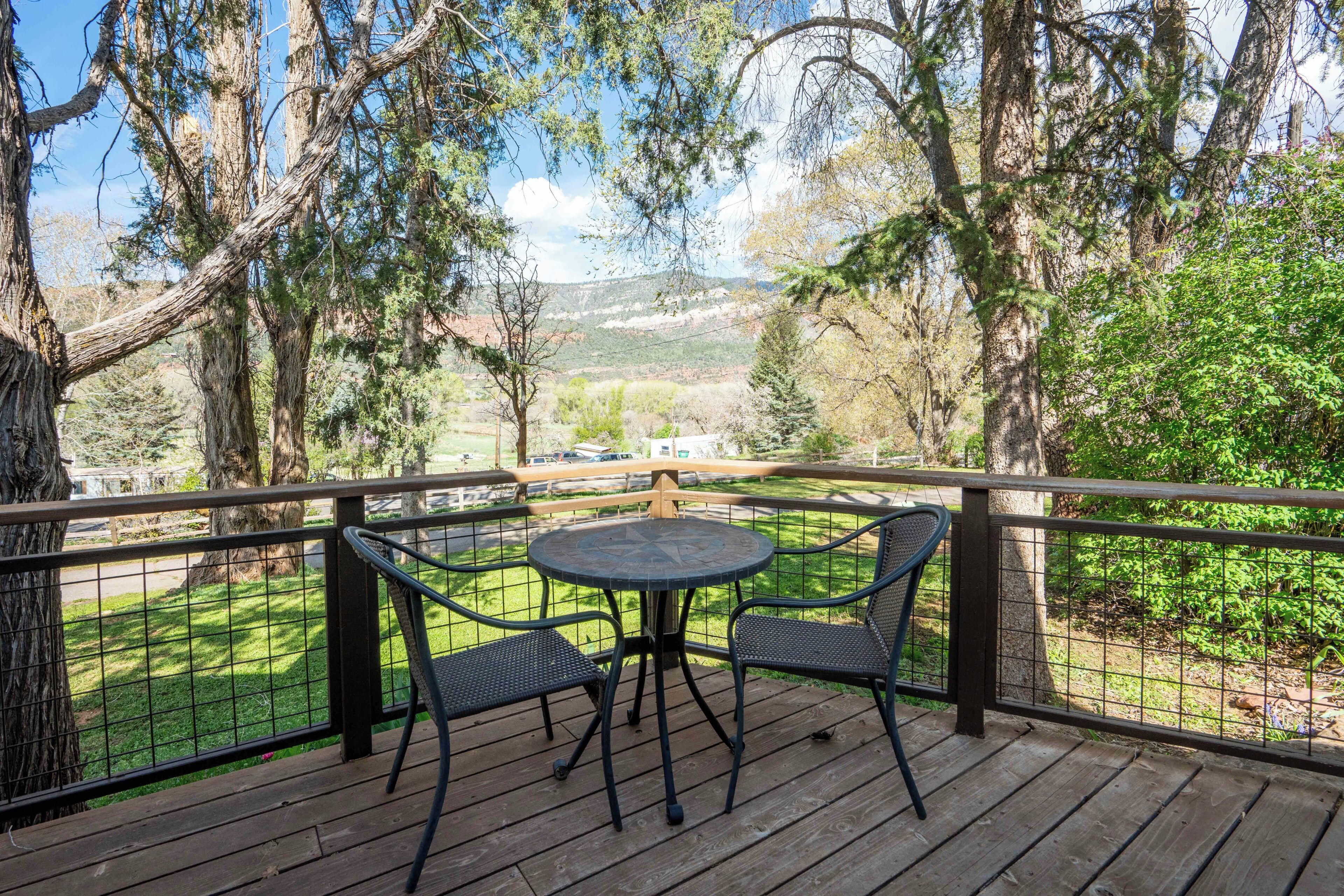 Une terrasse en bois avec une table ronde et des chaises, entourée d’une rambarde en métal, offrant une vue sur un paysage verdoyant, avec des arbres et, au loin, une chaîne de montagnes.