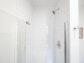 Shower, hair dryer, towels, shampoo