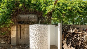 A concrete structure with a textured surface, surrounded by a pile of logs and a wall with climbing plants. - Sant'Andrea by Interhome (Capitana)