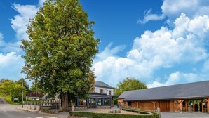 Un bâtiment avec un grand arbre devant, un espace extérieur abrité avec des sièges, et un autre bâtiment avec un toit en pente.