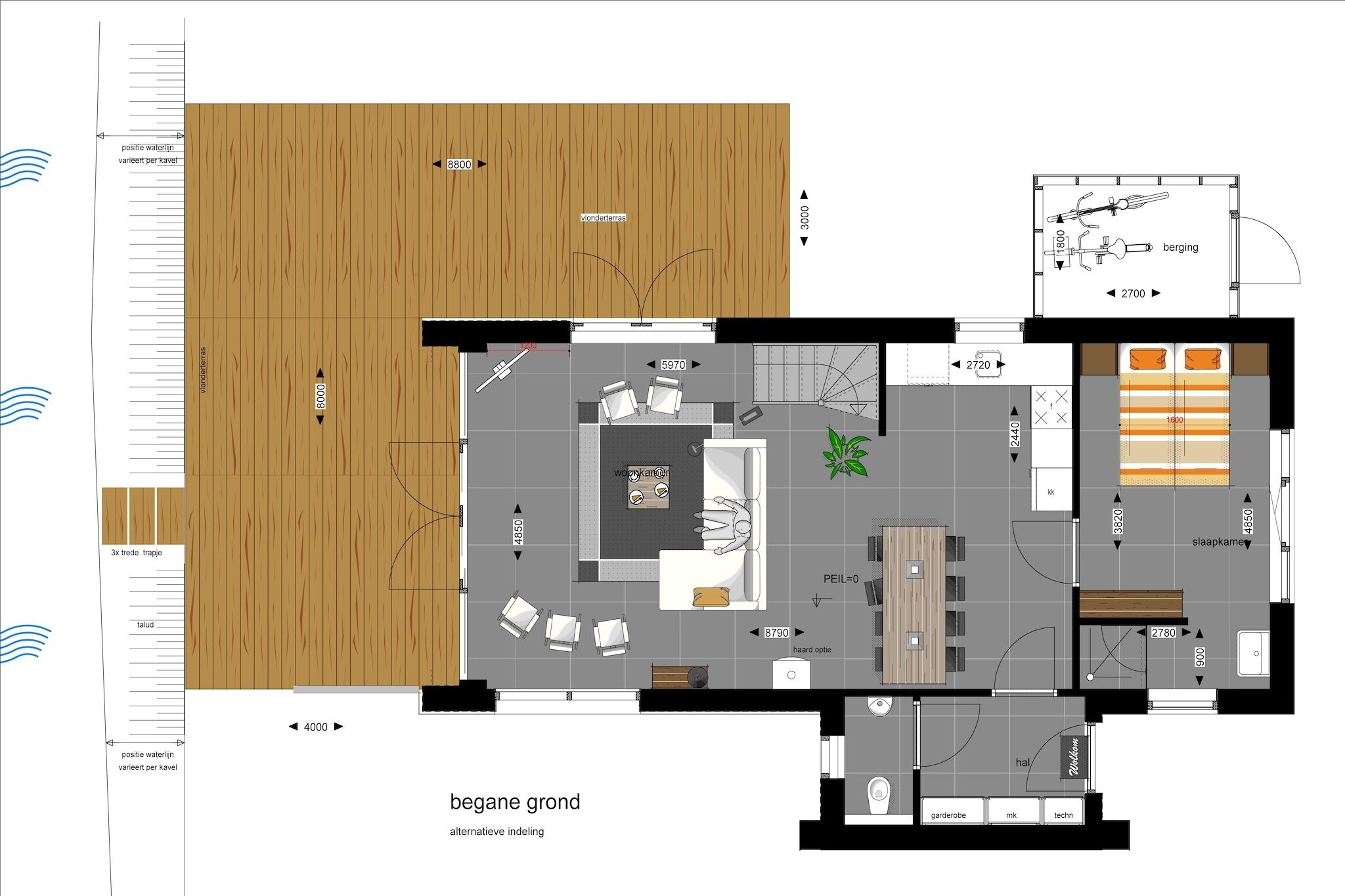 A hotel floor plan with a living area, kitchen, dining space, and a bedroom.