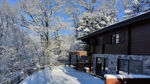 A wooden cabin with a stone fireplace, surrounded by snow-covered trees. - Chalet in the woods with Nordic bath (Manhay)