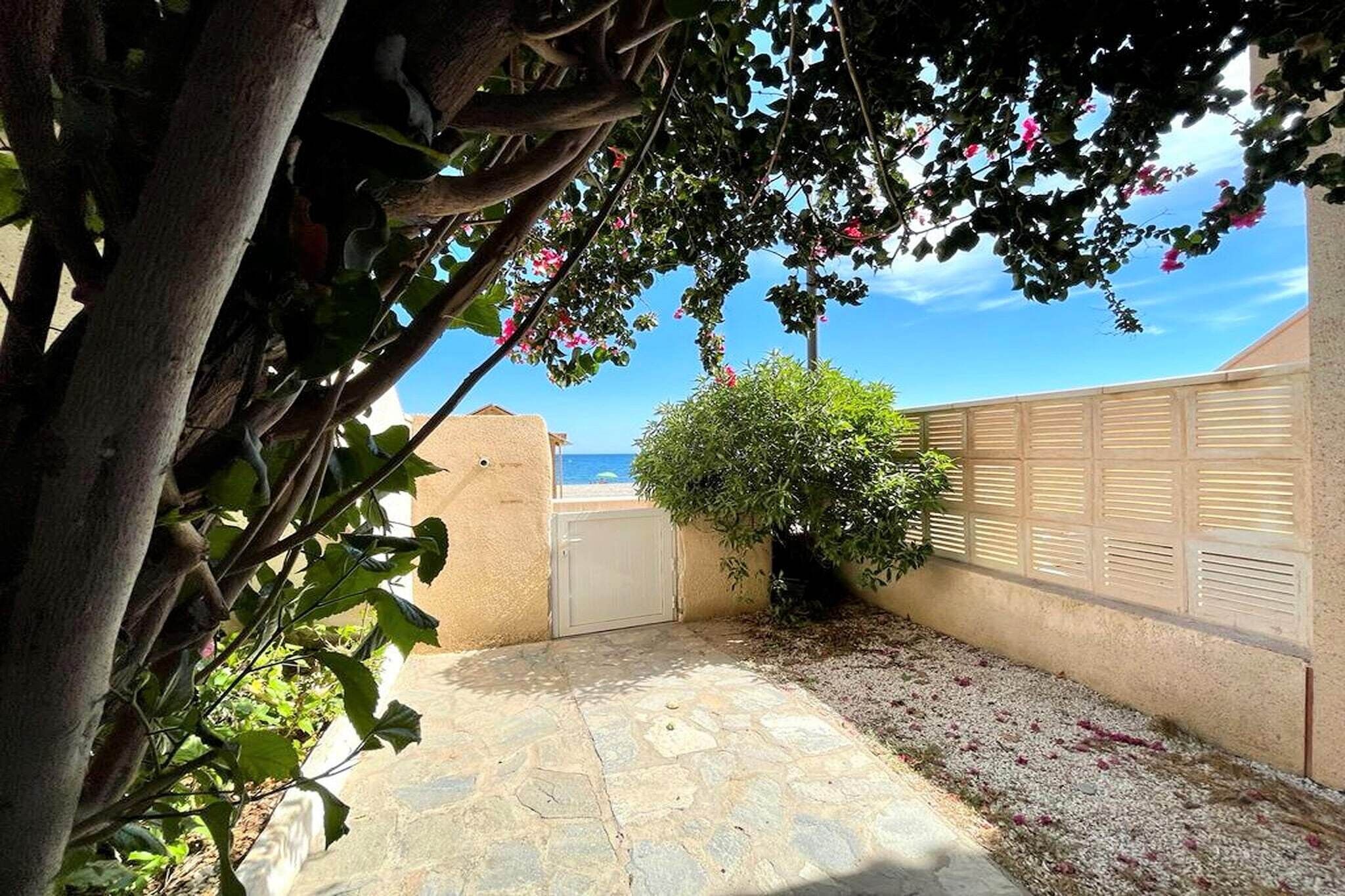A stone-paved courtyard with a view of the sea, a small bush, and a wall with shutters.