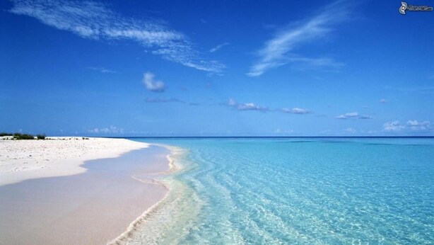 Ein Strand mit klarem türkisblauem Wasser und weißem Sand.
