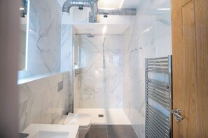 Shower, hair dryer, towels, shampoo