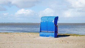 Une plage avec une chaise bleue et un poteau en bois.