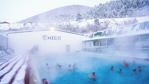 A hot spring area with a pool surrounded by snow-covered trees and a mountain in the background. - Chico Hot Springs Resort & Day Spa (Pray)