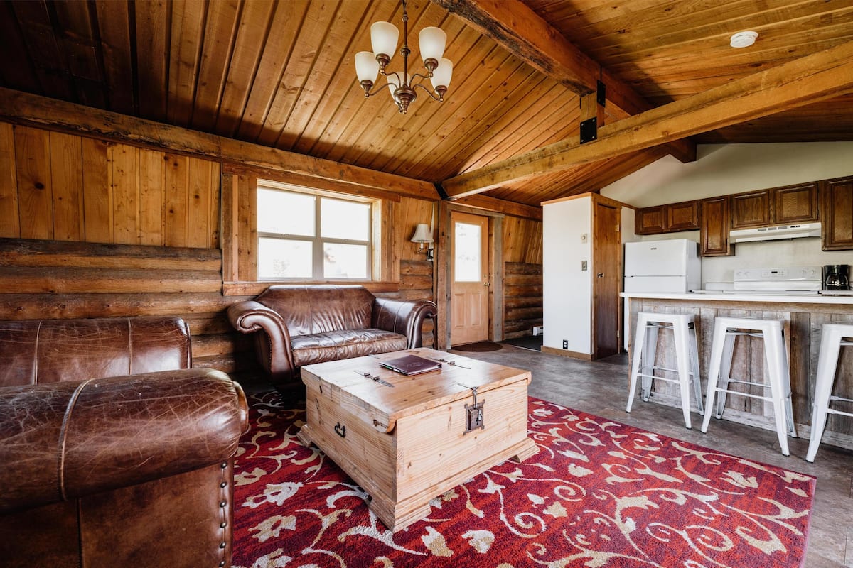 A rustic cabin interior with wooden walls, a leather sofa, a wooden chest, and a kitchen area with white appliances.