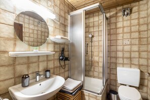 A bathroom with a sink, mirror, shower, and toilet.