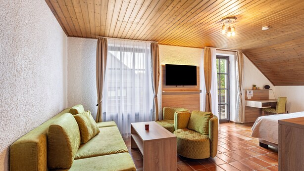 Een kamer met een houten plafond, een flatscreen televisie aan de muur, een bank, een klein tafeltje en een bed.