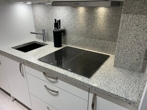 Fridge, microwave, oven, stovetop - Apartment 'Harzfewo Köhnke 4' with Mountain View, Shared Garden and Wi-Fi (Goslar)