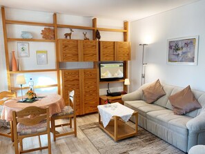 Un espace de vie compact comprenant une cloison en bois, un téléviseur, un canapé et un coin repas avec une table et des chaises.