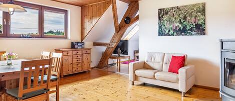 Una televisión, una chimenea, una mesa de tenis de mesa