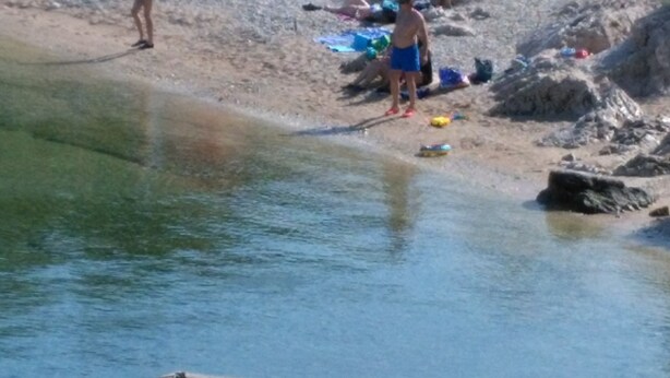 A beach scene with people, a pool, and some beach equipment. - Seaside Apartments Sanda (Rogoznica)