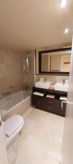 Hair dryer, towels, toilet paper