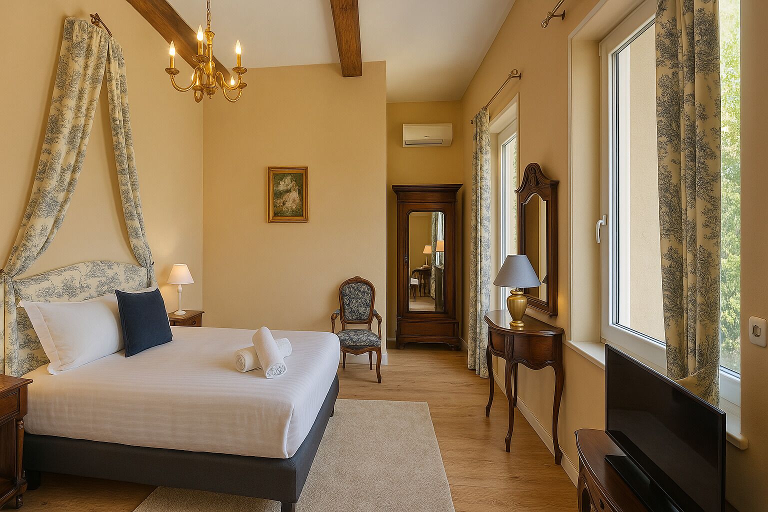 A bedroom with a large bed, a chandelier, a chair, a mirror, and a television.