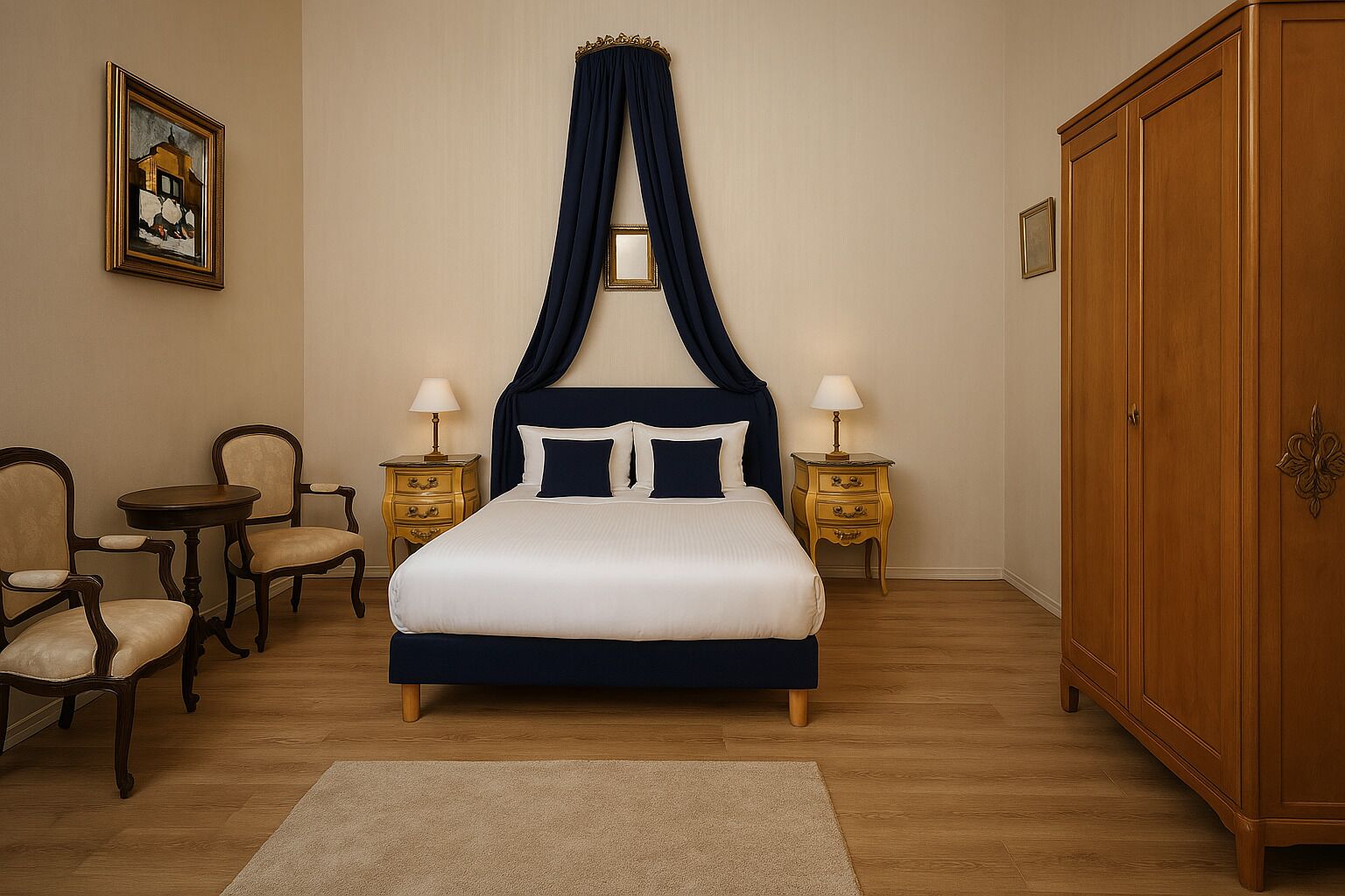 Un dormitorio con una cama grande, dos mesitas de noche con lámparas, un armario, una silla y una pequeña mesa.