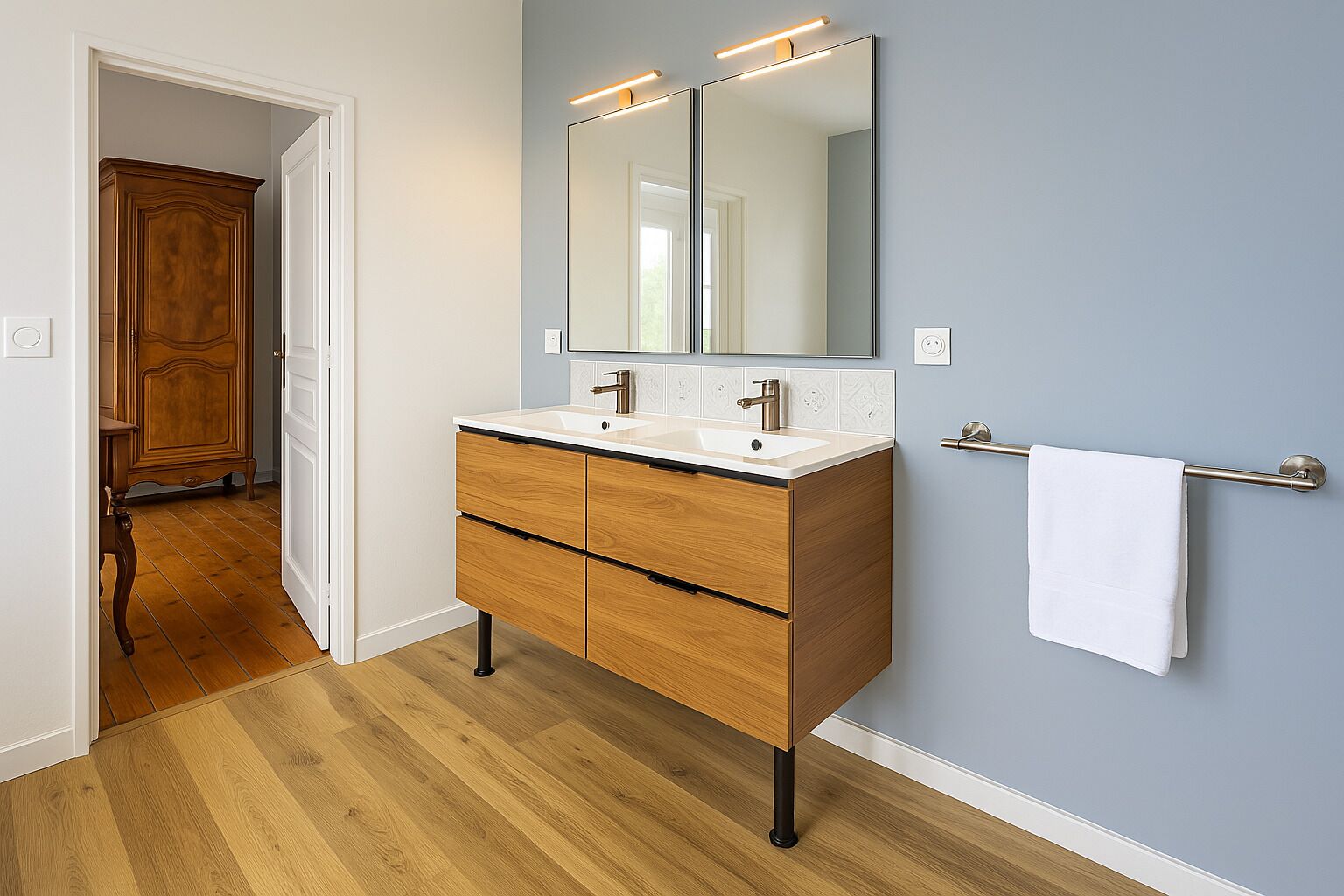 Un baño con tocador de madera, dos lavabos, un espejo grande y un perchero para toallas.