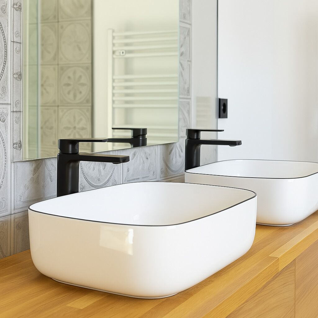Une salle de bain moderne avec deux vasques blanches, des robinets noirs et un grand miroir placé au-dessus.
