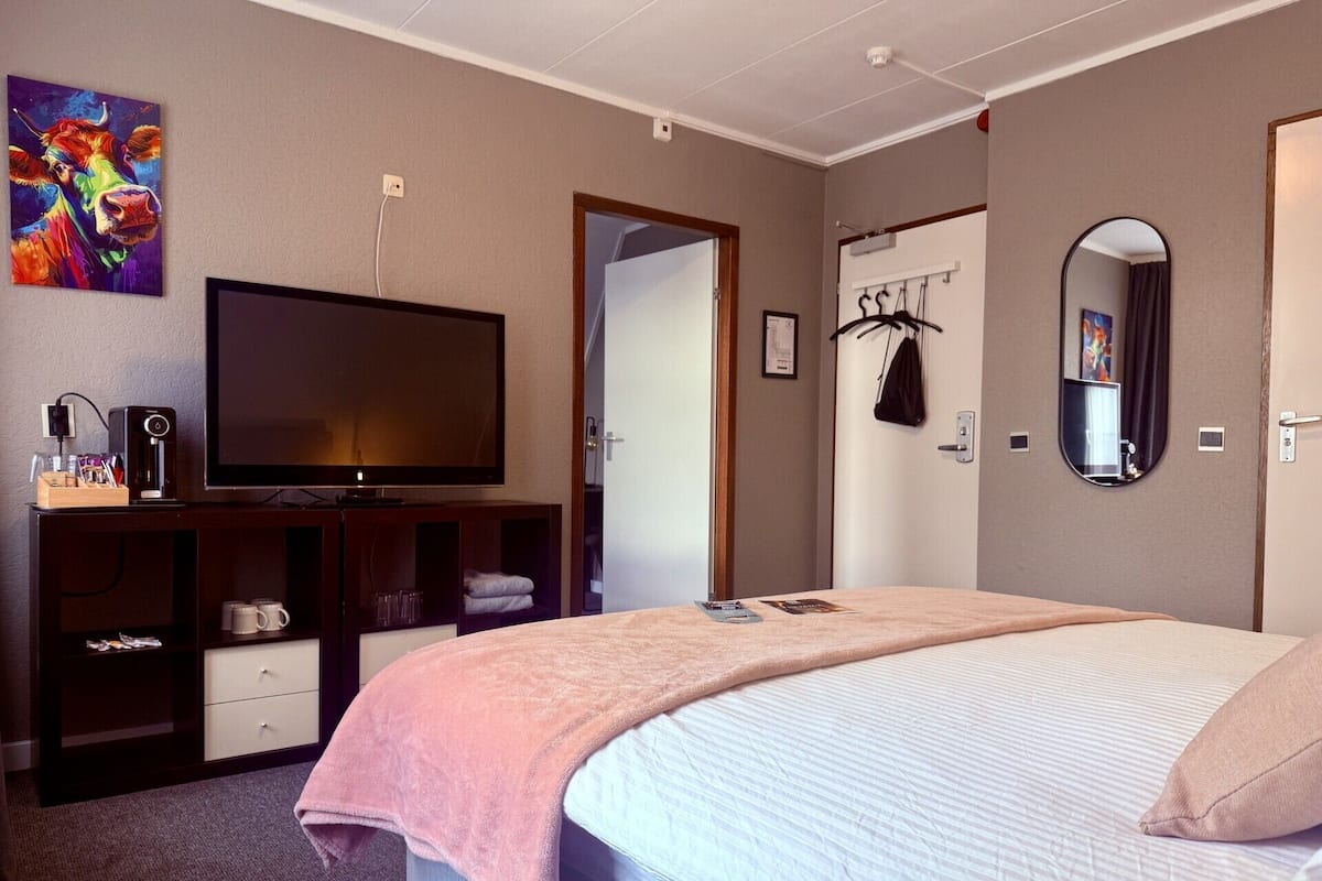 A hotel room with a bed, a TV, a desk with a computer, a mirror, and a door.