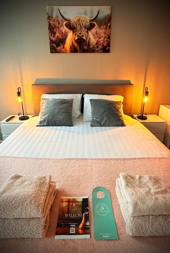 Habitación de hotel con cama, almohadas, lámparas de noche, un cuadro en la pared y toallas en el suelo.