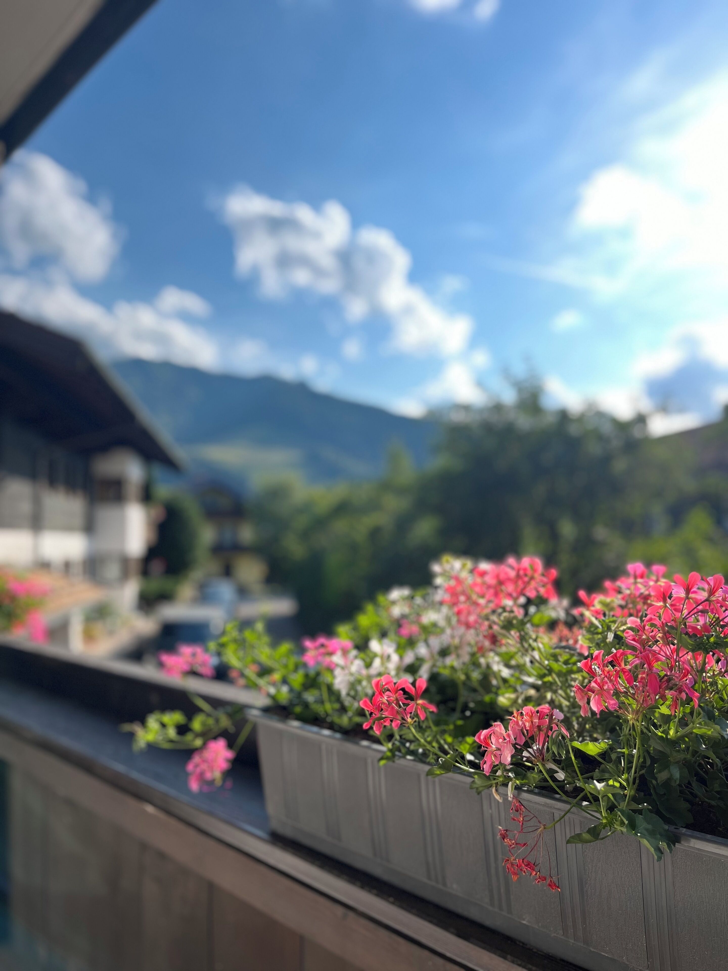 Uma janela com vista para uma montanha e uma casa.