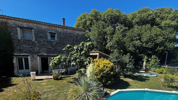 A stone house with a pool, surrounded by trees and potted plants.