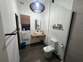 Habitación Deluxe, 1 cama de matrimonio | Baño | Ducha, secador de pelo, toallas y papel higiénico