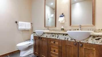 Hair dryer, towels, soap, shampoo