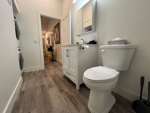 Hair dryer, towels, soap, shampoo