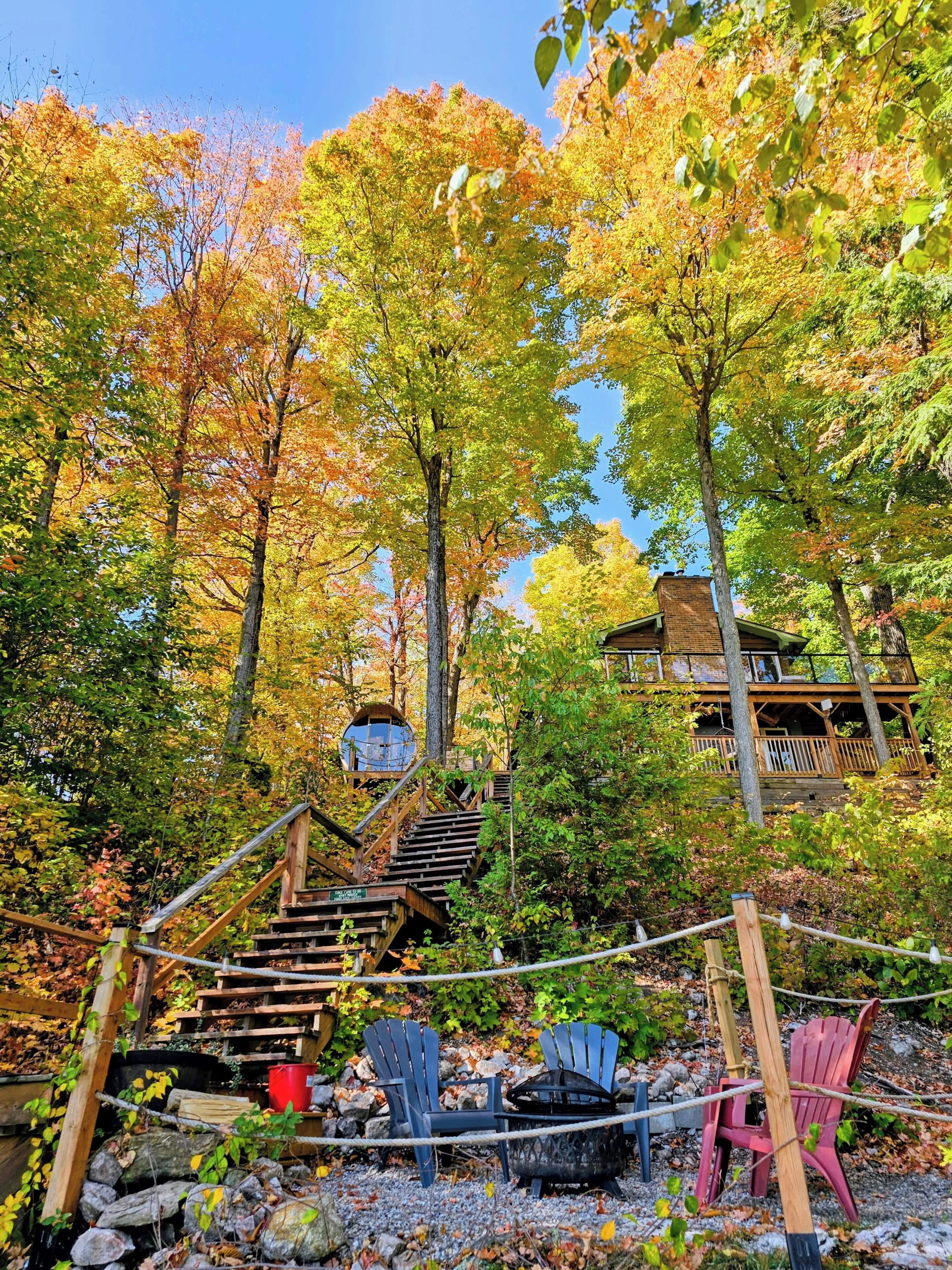 Eine Holztreppe führt zu einer Hütte, umgeben von Herbstlaub.