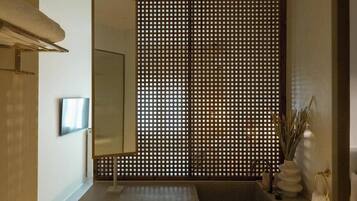 Shower, rainfall showerhead, eco-friendly toiletries, hair dryer