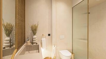 Shower, rainfall showerhead, eco-friendly toiletries, hair dryer